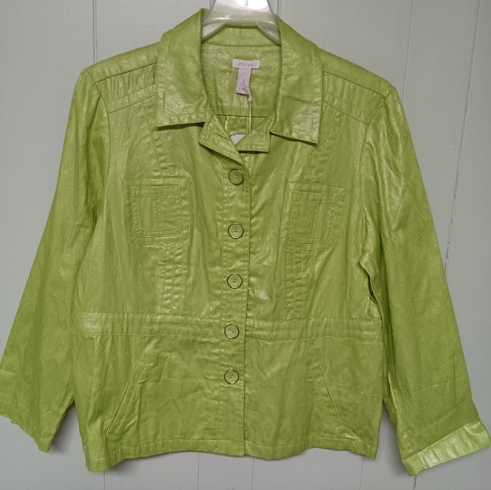 NWT WOMENS CHICO'S IKAT SHIMMER CAMMI III JACKET CHICO'S SZ 3 HONEYDEW